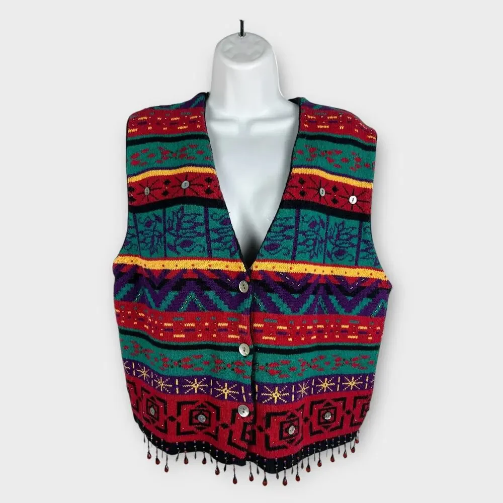 90s Carole Little Beaded Fringe Sweater Vest Colorful‎ Boho Festival L